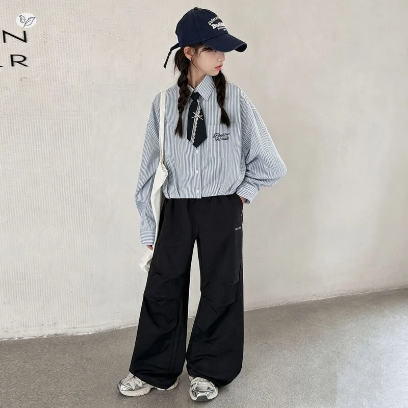 Girls' casual set2026New autumn collection: striped shirt and wide-leg pants set for older children, suitable for spring and aut