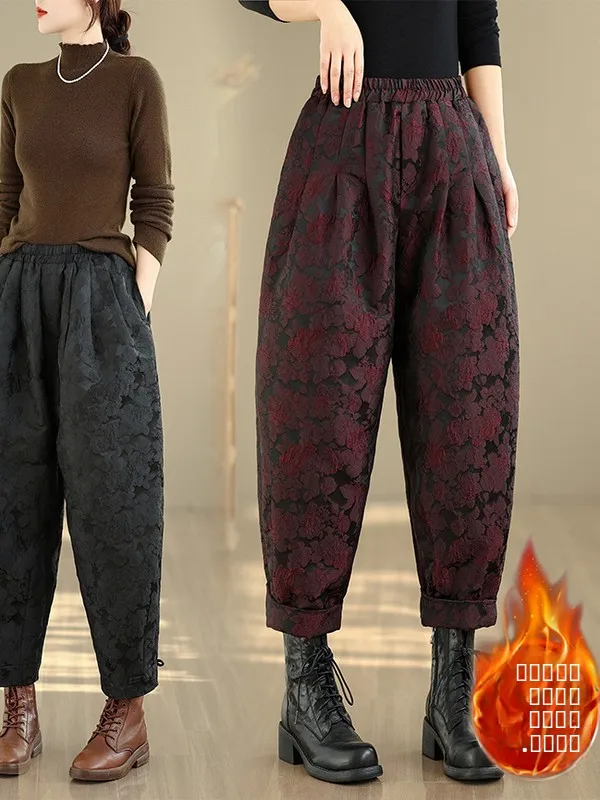 

plus Size Fce Lined Thi Warm Lantern Pants Winter Casual High Waist Straight Leg Plant Floral Patterned Ladies Trousers