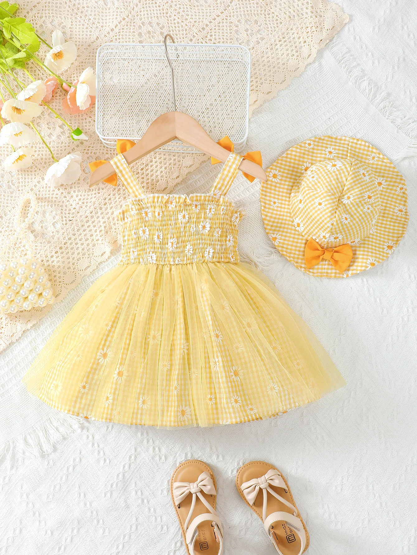 Baby Girl Summer Dress Daisy Plaid Chiffon Sweet Style Dress+Hat 2Pcs for Cute Baby Girls Aged 0-3 Years Vacation Casual Dress