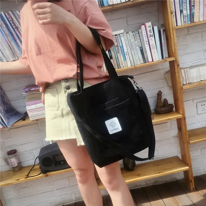 Women Canvas Shoulder Bag Ladies Casual Corduroy Tote Soft Crossbody Bags Books Bag Striped Cloth Female Handbag Shopping Bags