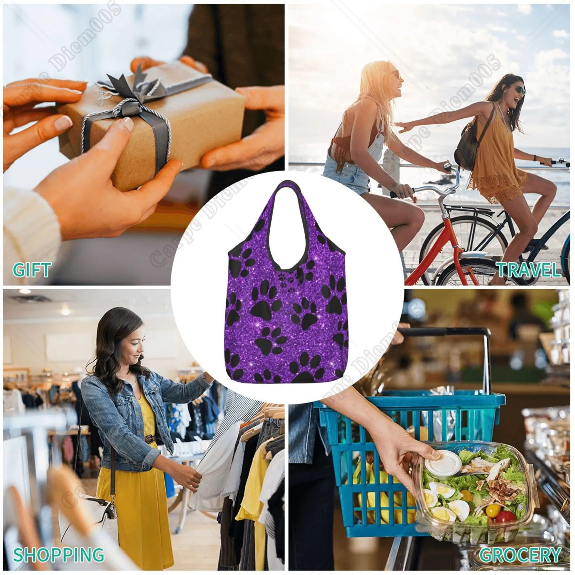 Purple Dog Paws Sparkle Cute Tote Bag Folding Shopper Bag for Women Shopping Work Outdoor Walking Fashion No Zipper Eco