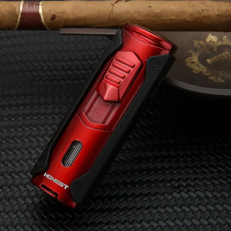 HONEST Multifunctional Outdoor Turbo 4 Torch Blue Flame Visible Window Metal Windproof Butane Gas Lighter Cigar Cutting Lighter