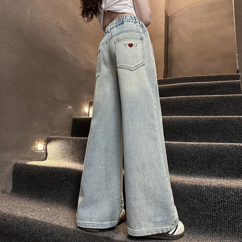 

Kids High Waisted Washed Jeans Classic Trendy Street Straight Denim Pants for Girls Simple Style Jeans Trousers For Teens Child