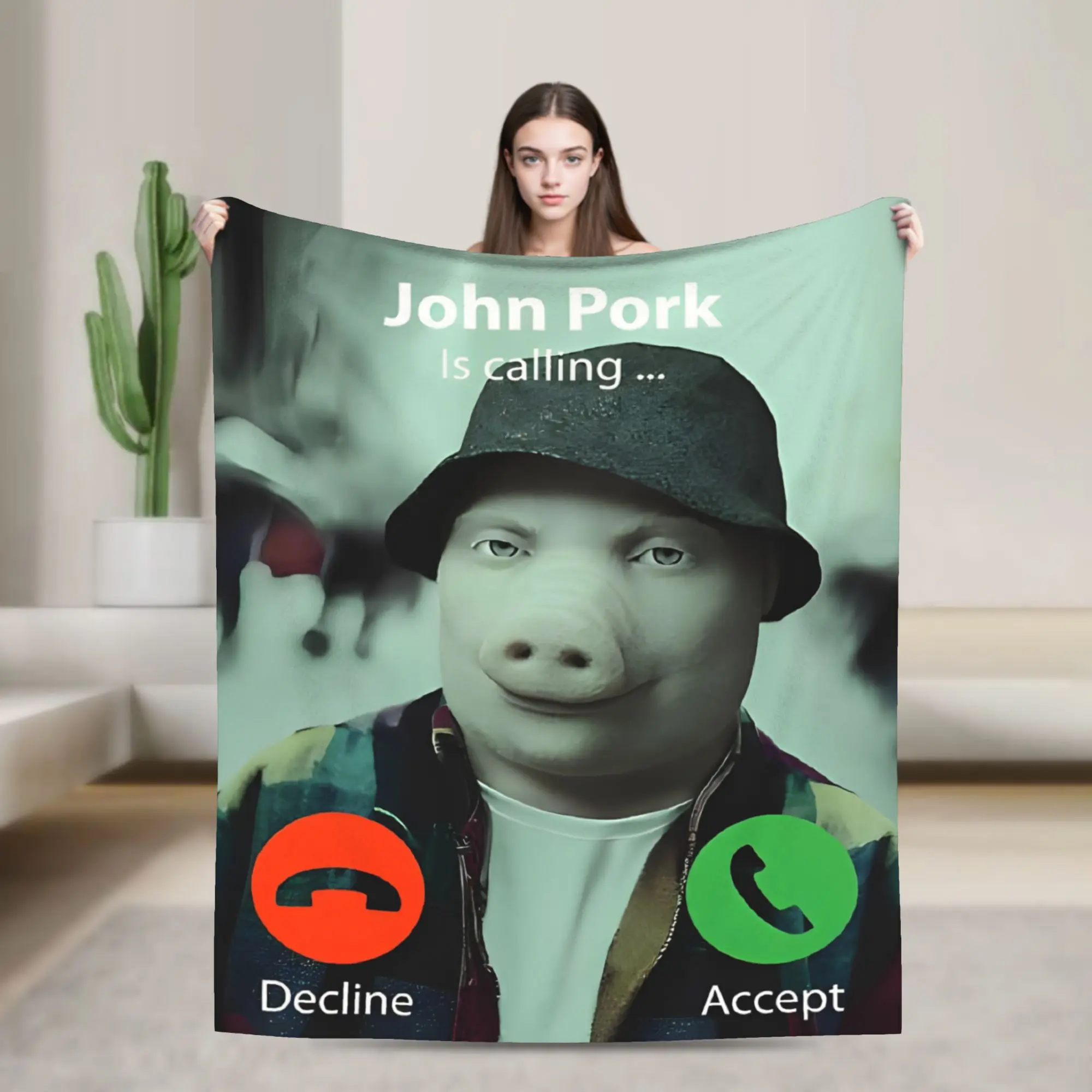 John Pork Is Calling Blanket Fleece Funny Pig Meme Soft Throw Blankets for Bedding Couch Bedroom Quilt