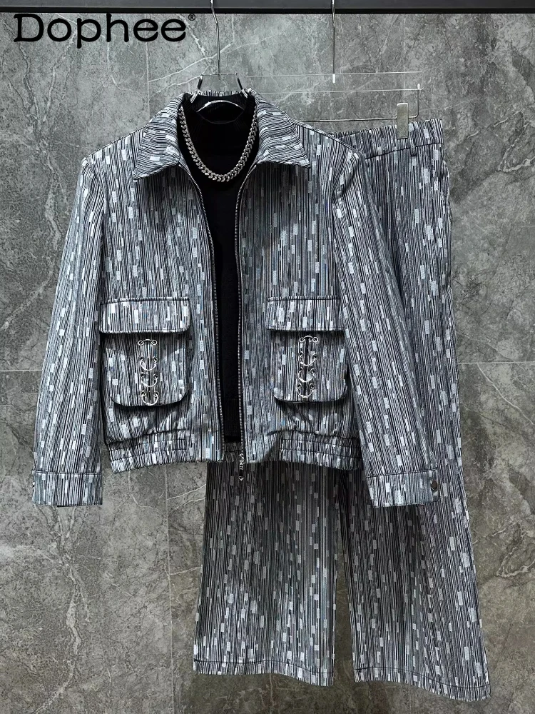 

Men's 2026 Autumn New Retro Design Sets Pocket Metal Decoration Lapel Jackets Pants Two-Piece Sets Fashion Comfort Handsome 2pcs