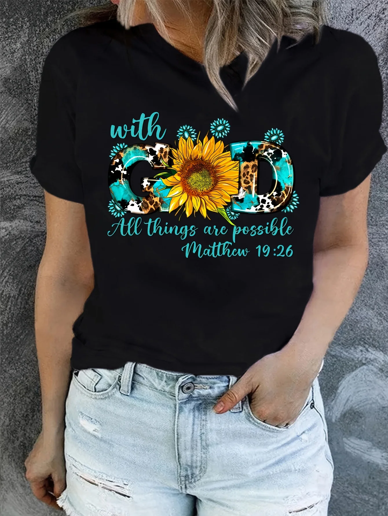 With God All Things Are Possible Women's Tee - Sunflower & Leopard Print Graphic, Faith-Inspired Casual Top