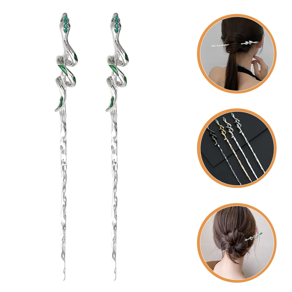 2 Pcs Snake Shape Rhinestone Hairpin Vintage Metal Chopsticks Styling Fork Chinese Hair Accessories Women's Hair Stick