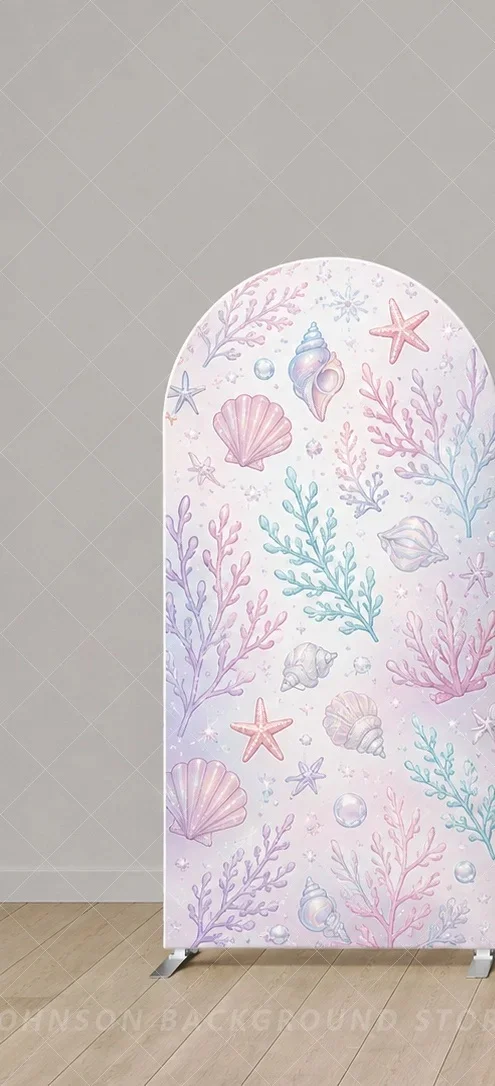 Pastel Mermaid Arch Backdrop Cover Pink Purple Mermaid Scales Seashell Coral Under the Sea pearl Three Panel Girls Background