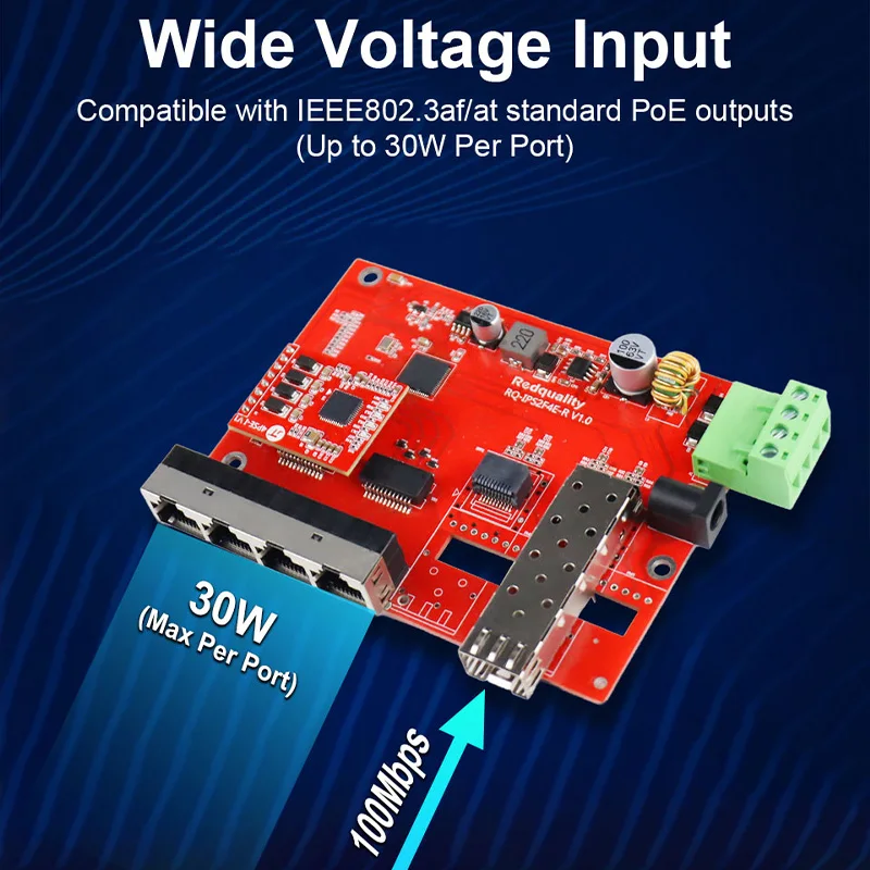 Industrial 100Mbps 1SFP 4POE RJ45 Switch PCBA Board Embedded Support 1*9  Module 20km Unmanaged PCB For IP Camera Surveillance