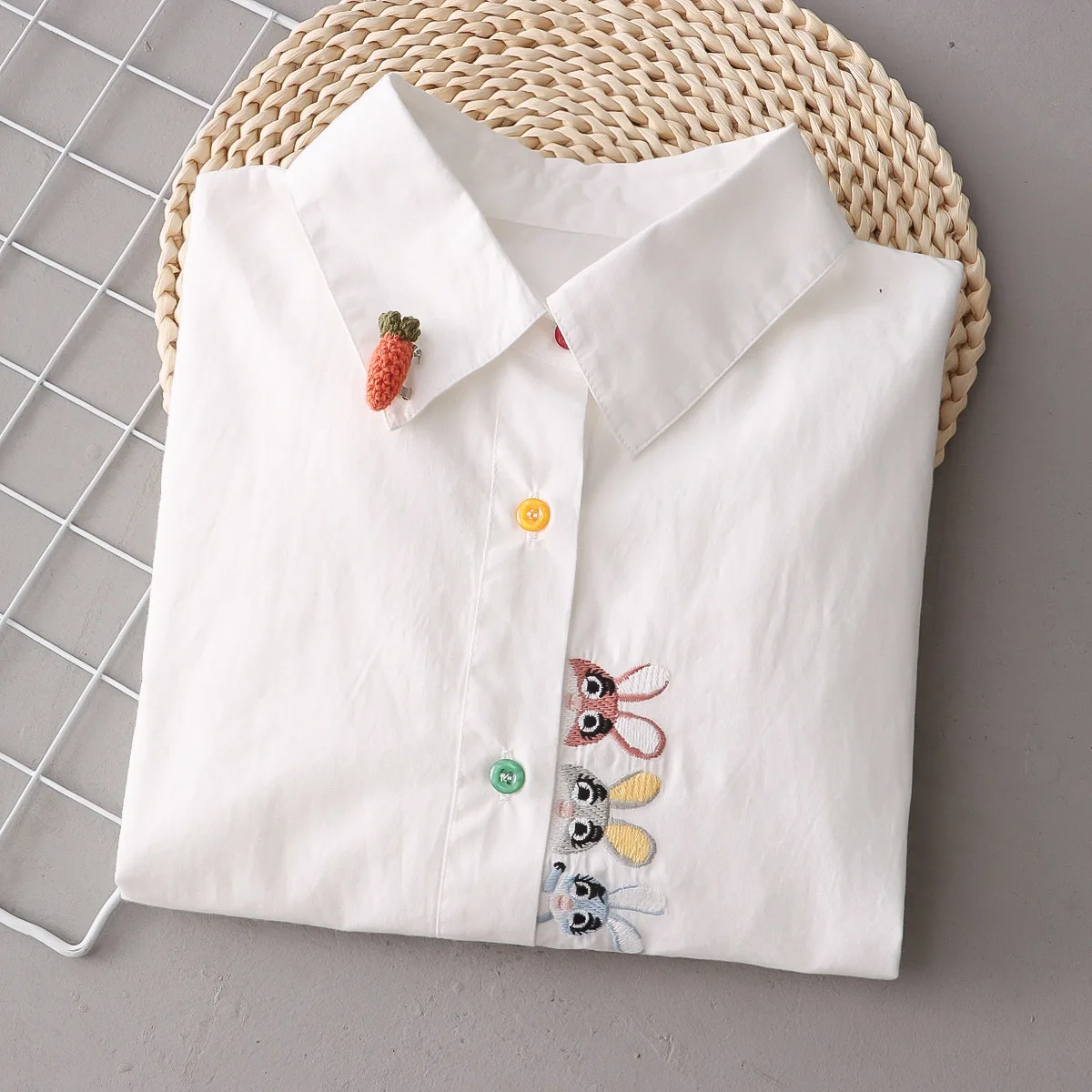 New Spring Cotton White Shirts Female Cute Embroidery Rabbit Tops Turn Down Collar Button Long Sleeve Straight Blouse T35438M