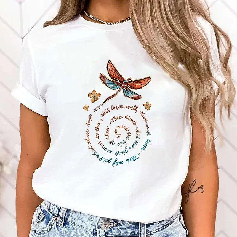 PremiumT-shirt Cute Dragonfly Print T-Shirts For Women Summer Lovely Short Sleeve Casual T-Shirts Funny Ladies Round Neck Tops