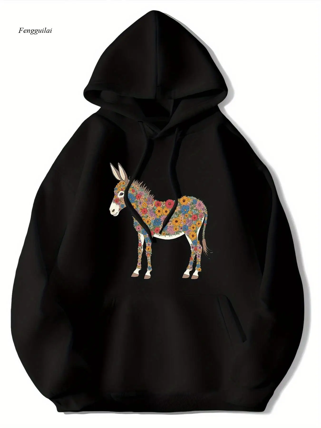 Moletom com capuz gráfico de burro floral – Moletom pulôver de lã macia com capuz, roupa casual para todas as estações, estampa animal engraçada