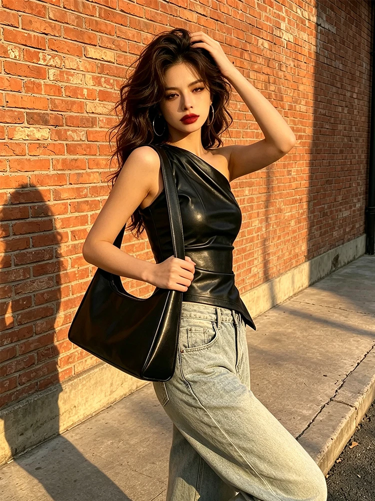 Women Faux Leather One Shoulder Top Sleeveless Asymmetric Draped Slim Fit Tank Top Irregular Hem Party Club Streetwear Vest