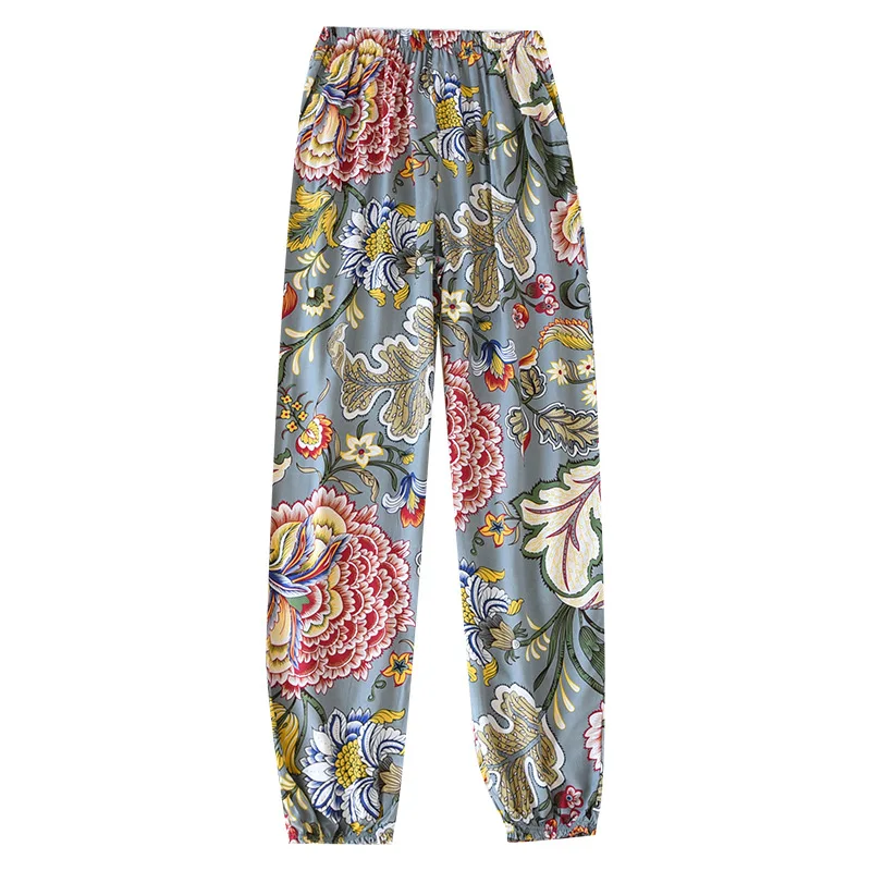 Ladies Rayon Pajamas Trousers Floral Print Full Length Viscose Elastic Waist Sleep Bottoms Thin Loose Pants Women Sleepwear