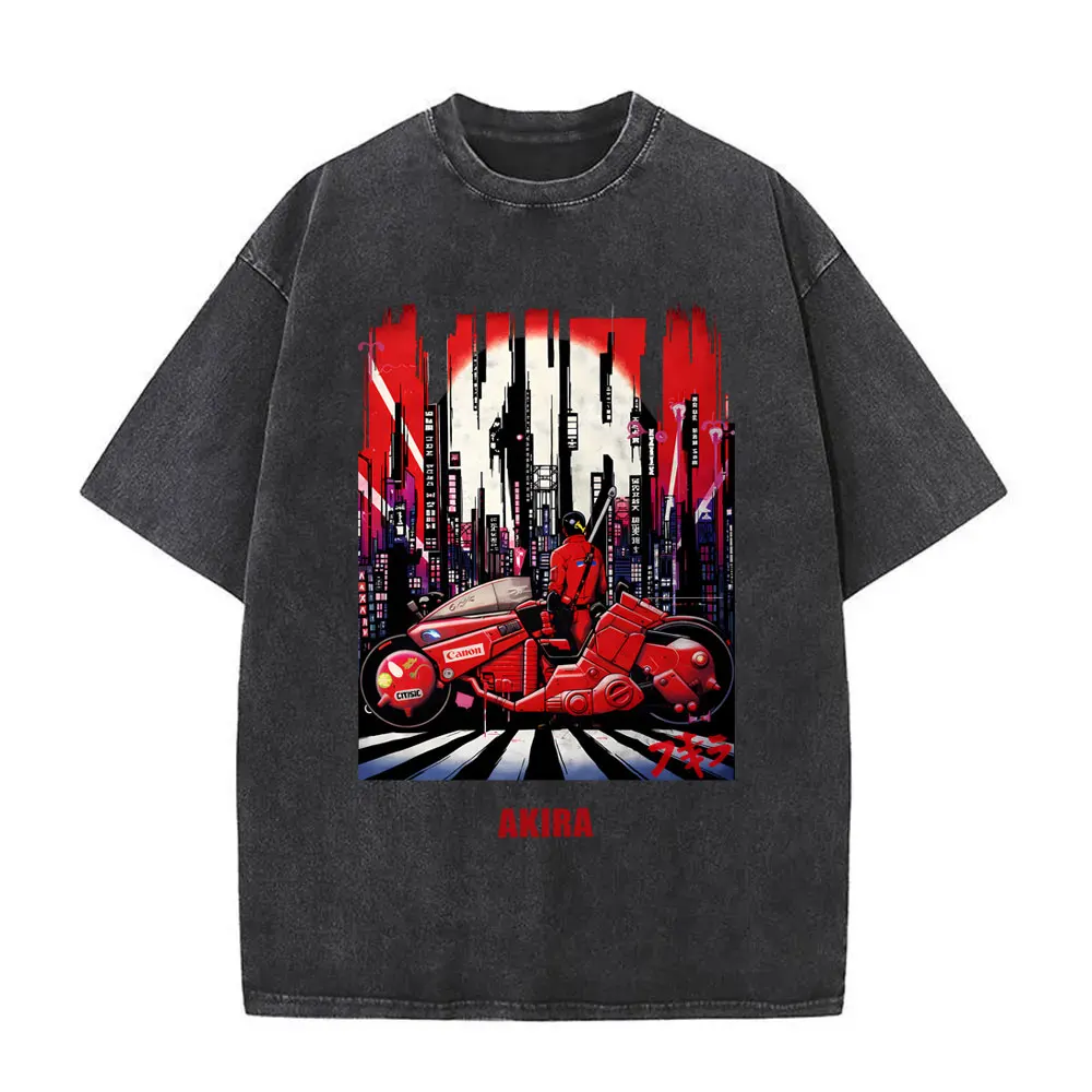 Anime Akira Retro Washed T Shirt Vintage Japanese Science Fiction Cartoon Movie Shotaro Kaneda Print T-shirt Men Manga T-shirts