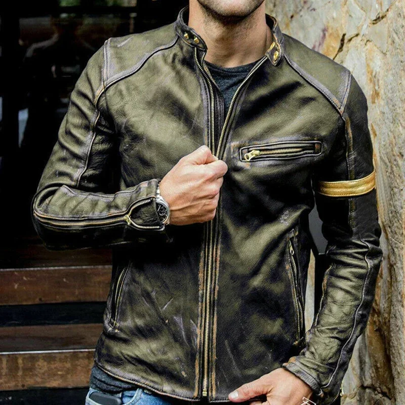 New Foreign Trade European And American Men's Leather Coat Men's Youth Standing Collar Punk Men's Motorcycle Leather Coat Jacket