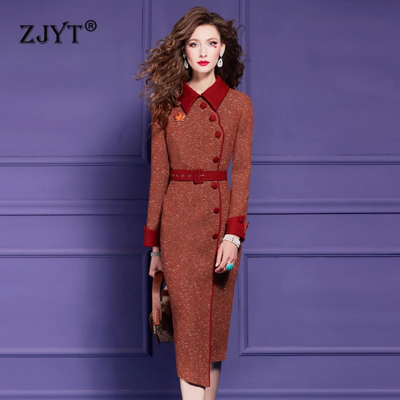 ZJYT Autumn Winter Women\'s Woolen Dress Party Long Sleeve Elegant Chic Vintage Straight Midi Dresses Plus Size Female Vestidos