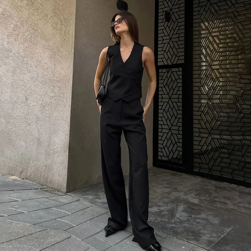 Women Suits Euro-America Style Office 100% Cotton Fashion Simple Vest Wide Leg Pants Full 2 Piece Set High Quality