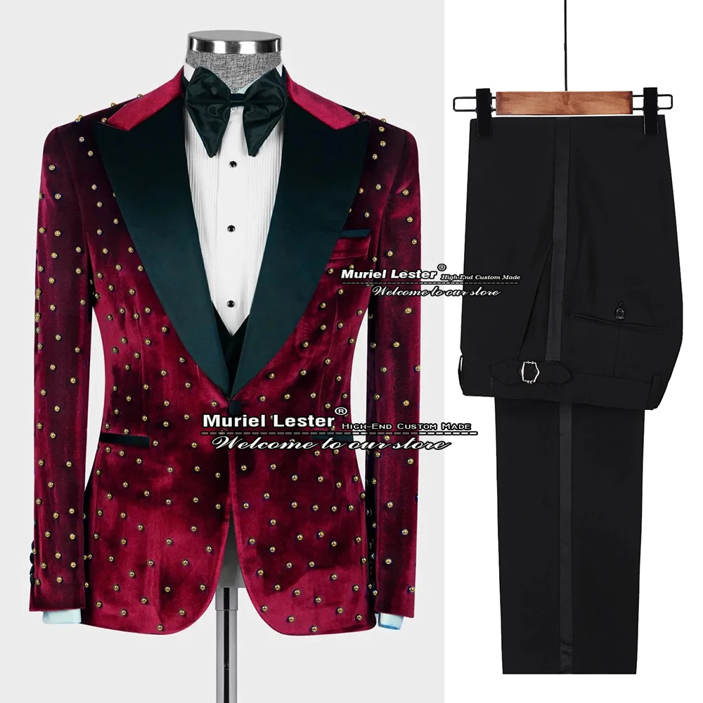 Green Velvet Suits Men Black Lapel Jacket Vest Pants 3 Pieces Formal Wedding Tuxedos Man Evening Dinner Pearls Dress Elegant