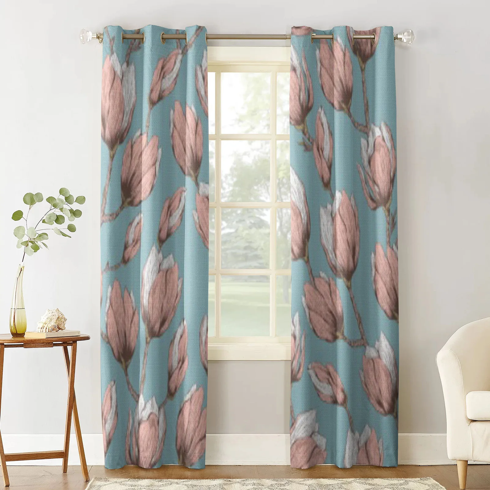 Natural Retro Blossom Garden Flowers Magnolia Curtains For Living Room Decoration Window Blind Bedroom Kitchen Curtain For Home