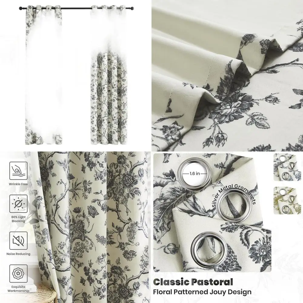 

French Country Style Thermal Insulated Blackout Curtains, 52x96, Black Onyx, 2-Panel Set