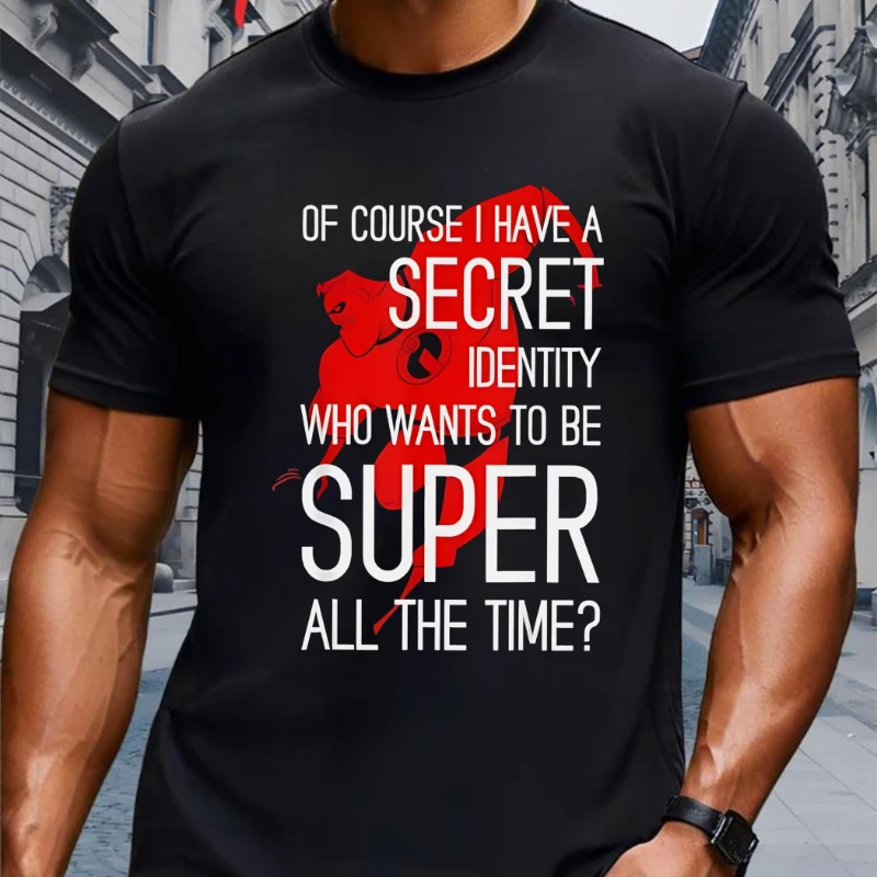 تي شيرت صيفي للرجال من Disney Pixar "The Incredibles" بنمط الهوية السرية بأكمام قصيرة - تصميم Mr. Superman Hero Silhouette