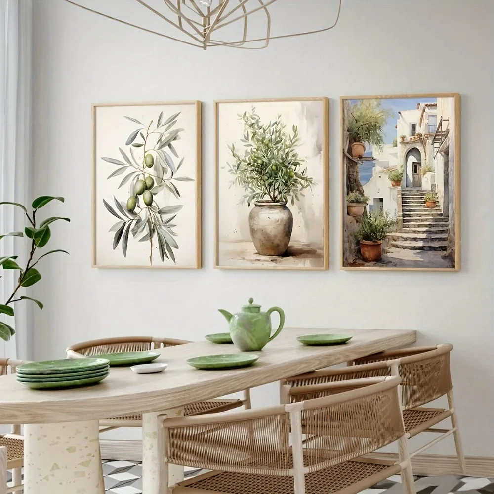 Multiple sizes 3pcs frameless Canvas Painting,3pcs Frameless Canvas Poster,Vintage Art,Print Mediterranean Olive Tree,Nature Lan