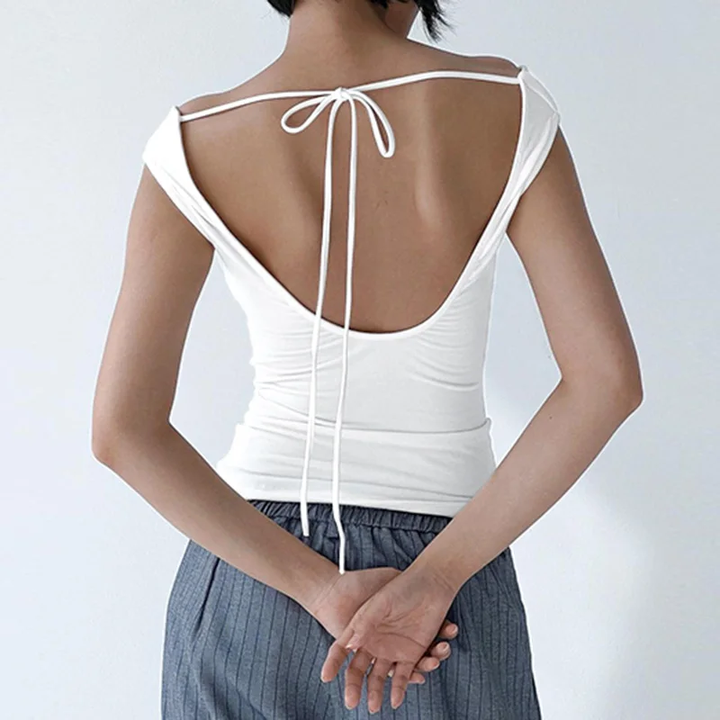 Korean Off Shoulder Backless Tie Up Tank Tops Women Vintage Swing Neck Crop Tops Summer Sleeveless T-Shirts Elegant Streetwear