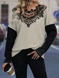 Lace Splicing Color Block T-Shirt Elegant Crew Neck Long Sleeve Loose T-Shirt For Spring & Fall  Women's Clothing