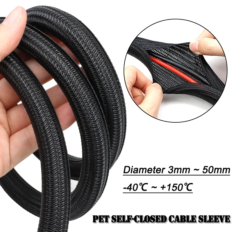 Gaine de câble tressée auto-fermante en PET noir, 2/10m, diamètre 3mm ~ 50mm, résistante à l'usure, isolée, organisateur de fils, gaine de gestion de câbles