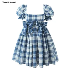 Princess Front 3D Bow Blue White Plaid Print Ball Gown Dress Women Square Collar Short Lantern Sleeve Party Fairy Mini Robe