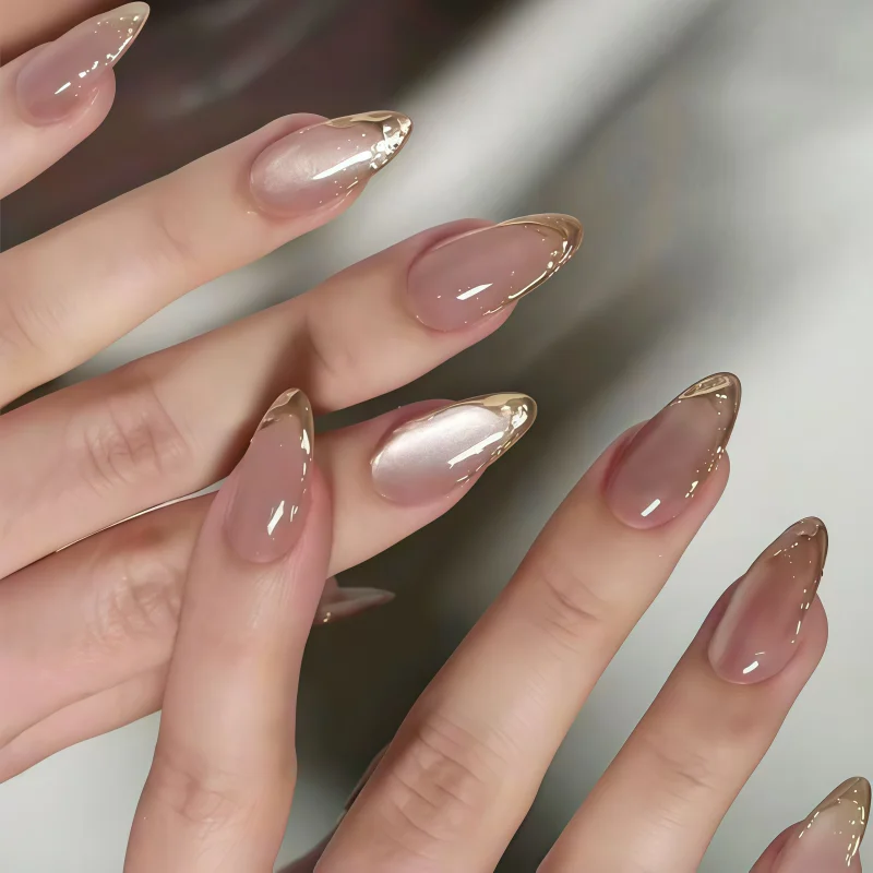 24PCS Simple Nude False Nails with Jelly Glue Glitter Powder French Almond Fake Nails for Spice Girls Nail Art Wearable Press On