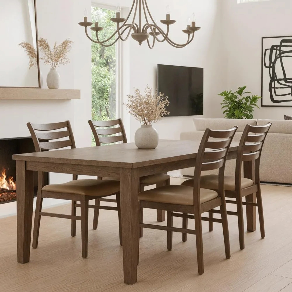 

Modern Farmhouse Dining Chairs Set of 4, Brown Leather Upholstered Seat Kitchen Chairs, Rustic Industrial Armless Side Chair