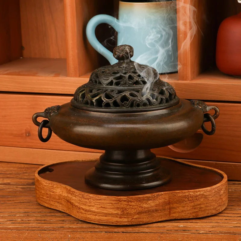 Carved Copper Three-Legged Ornament Antique Sea Beast Lotus Incense Burner