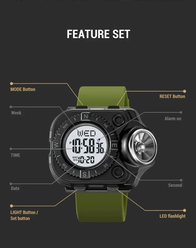 LED Flashlight Digital Watch for Men Back Light Wristwatch Waterproof Stopwatch Sports Clock Man Black Army Green Unusual Reloj