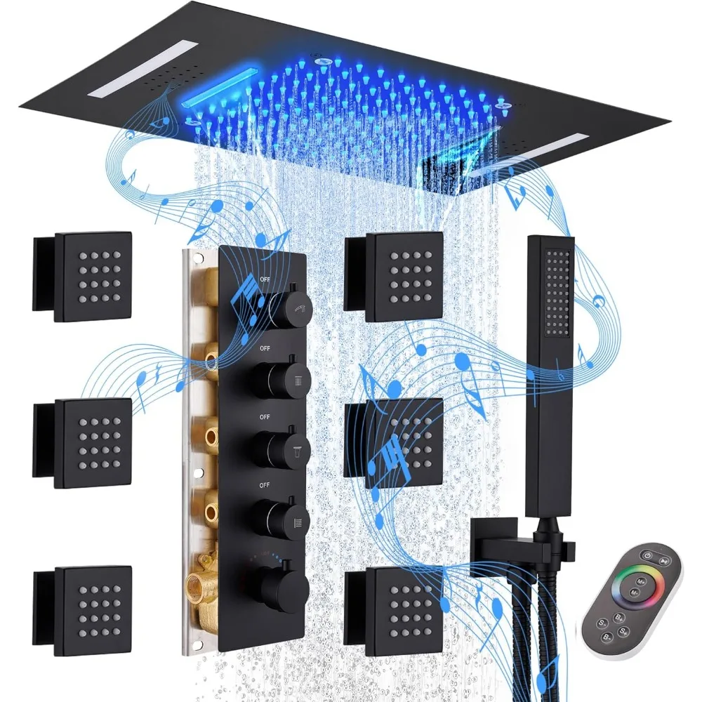 

Luxury 23-Jet Thermostatic Shower System with 64-Color LED, Music and Waterfall Rainfall Head, Including 6 Additional Sprays