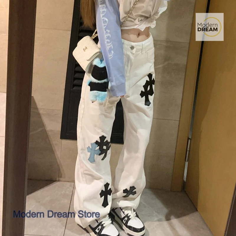 American-style white hole straight jeans women's spring and autumn new fashion temperament cross loose slim wide-leg mop pants