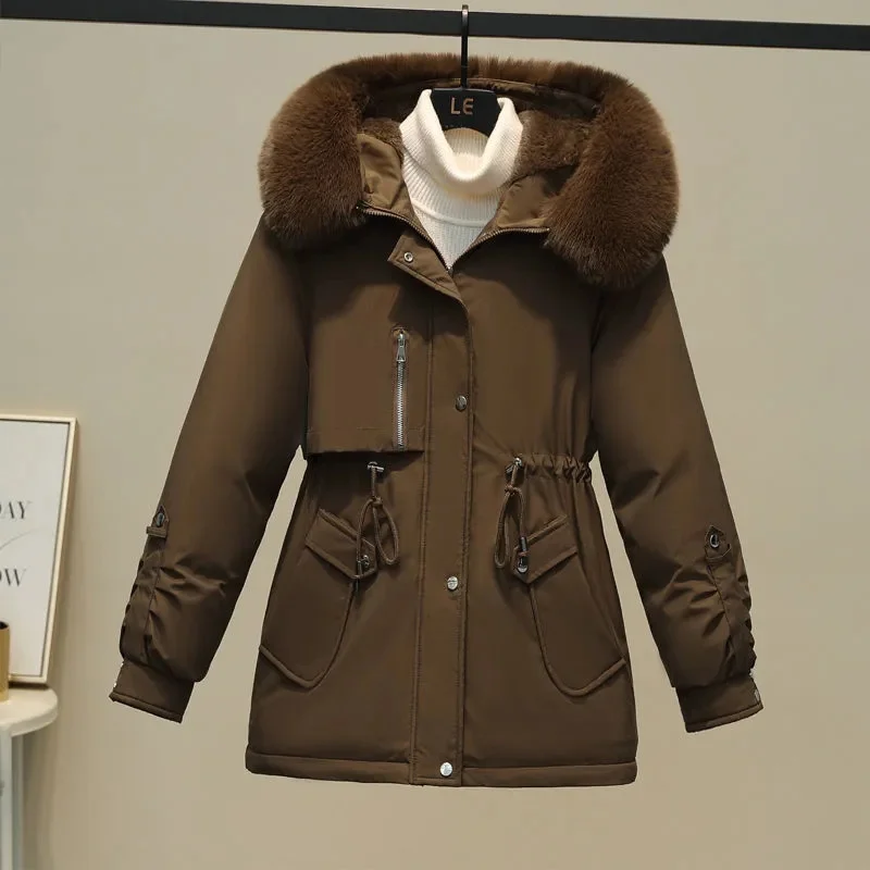 Abrigo grueso de longitud media con capucha para mujer, parka holgada con cuello de piel grande, ropa de nieve cálida para invierno, novedad de 2023