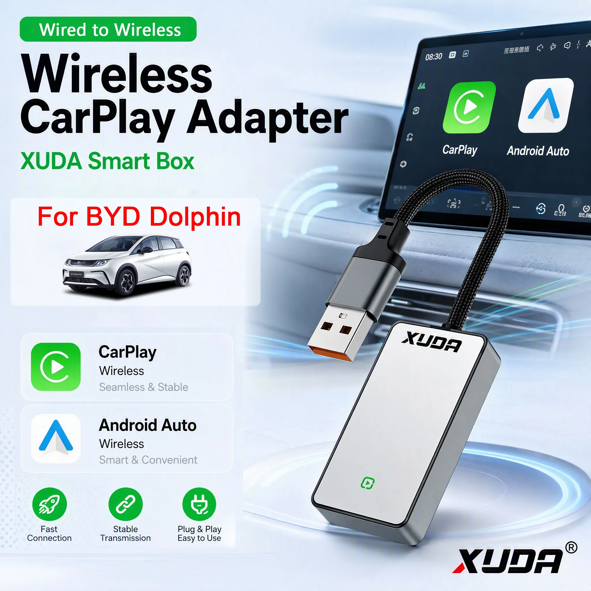 XUDA For BYD Dolphin Apple CarPlay Android Auto Smart Box,WiFi BT. Multilingual Google Map Spotify Music Calls Voice Control.