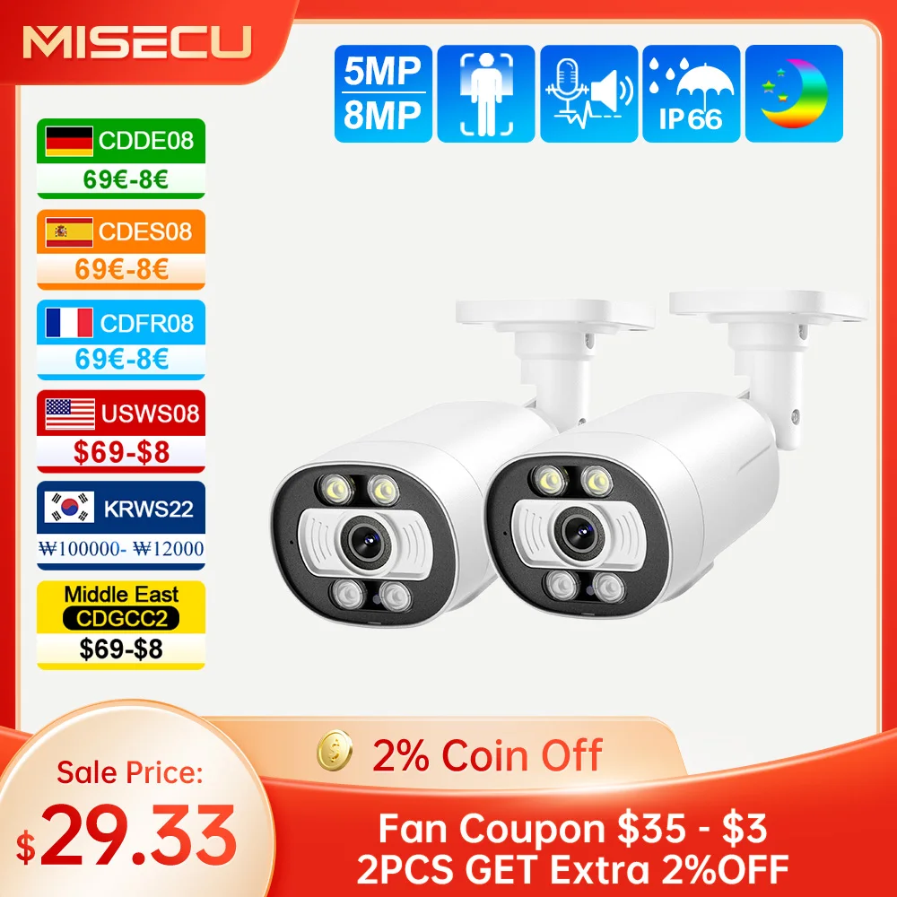 MISECU Super HD 5MP 8MP POE IP Camera Outdoor Surveillance Security Camera Two Way Audio Ai Human Detection Color Night Vision