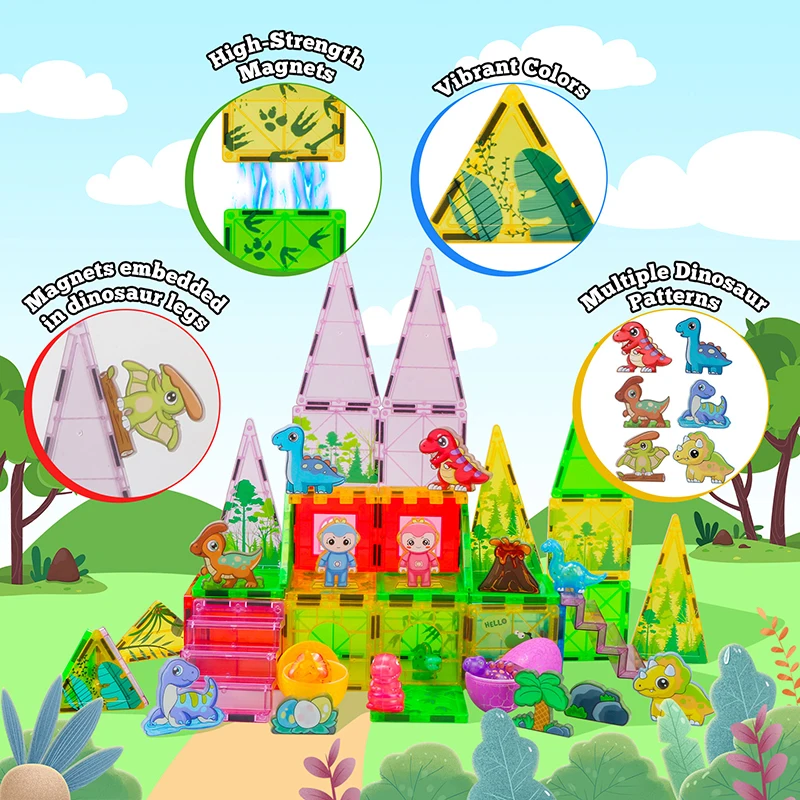 恐竜の森テーマ マグネットタイル 61ピース 恐竜マグネットタイル 組み立ておもちゃ 子供 男の子 女の子 STEM学習玩具 誕生日プレゼント