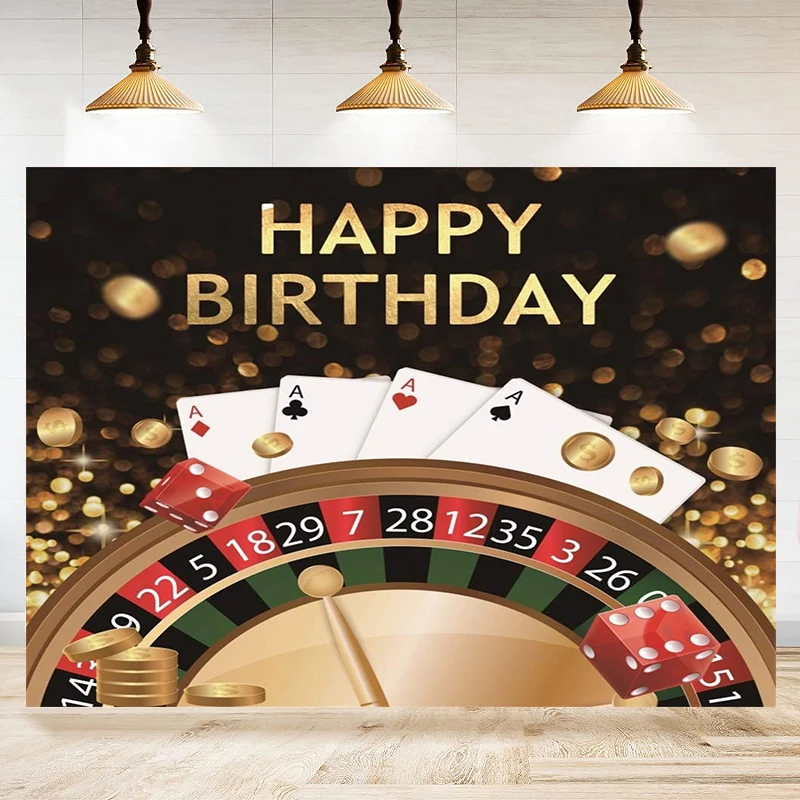 Photography Backdrop Poker Dice Golden Coins Casino Gamble Turnplate Happy Birthday Background Birthday Party Banner