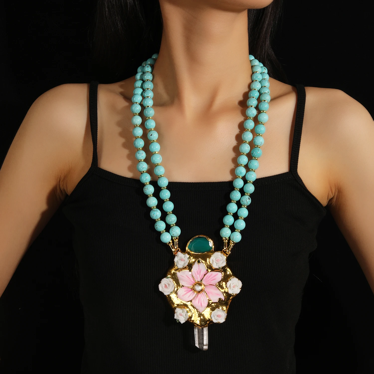 

Luxury Pink Shell Pendant Necklace with Turquoise Gemstone Beads 24K Gold Plated Women's Wedding Party Gift