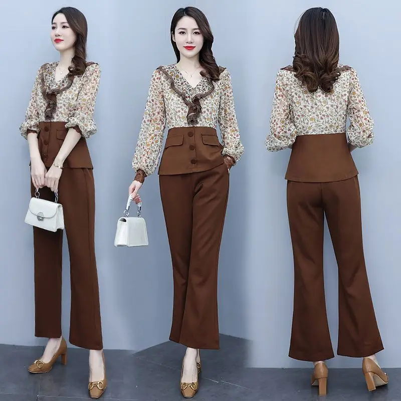 Korean Popular Ruffle Collar Long-sleeved Chiffon Shirt Casual Pants Two-piece Elegant Women's Pants Set Temperament Tracksuit