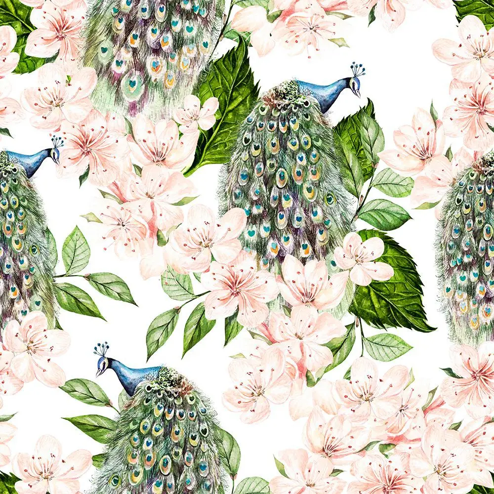 Cherry Blossom Peacock Wallpaper Floral Bird Self Adhesive Contact Paper Removable Waterproof Vinyl Wall Mural for Bedroom