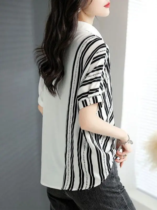 Casual Striped Patchwork Shirt Tops Summer New Polo Neck Pocket Loose Contrast Fashion Blouse Vintage Trend Women Clothing