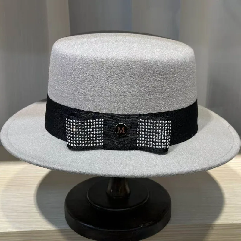 Women French Retro Ink Ribbon Flat Top Wool Jazz Hat Short Brim Fashion Versatile Fedora For Autumn Winter Daily Matching