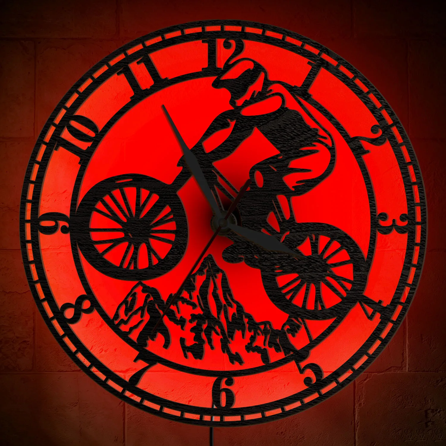 Personalized Mountain Biker Illuminated Wooden Wall Clock for Man Cave Garage Custom MTB Cyclist Name LED Night Light Wall Clock
