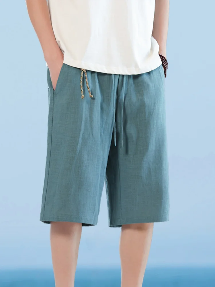 

Новые китайские мужские шорты из льна и хлопка, летние, тонкие, повседневные, свободного кроя, однотонные, с широкой посадкой, длиной до колена