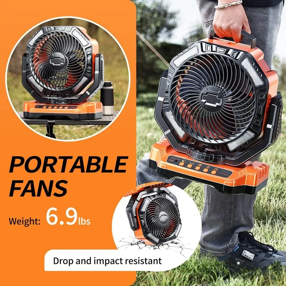 Fan with LED, 20000mAh Rechargeable Battery Powered Outdoor Tent Fan with Light and Hook, 4 Speed, Personal USB, Fan